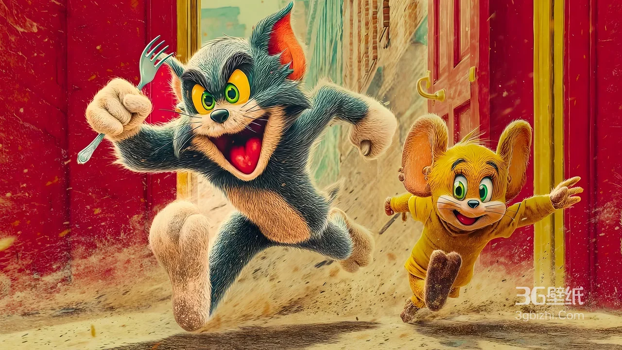 汤姆·持叉奔跃&杰瑞·黄衣疾跑 写实风《猫和老鼠》电脑壁纸1