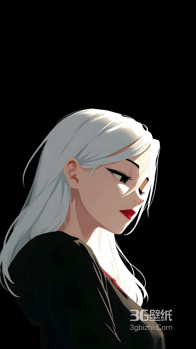 白发红唇少女·暗黑简约二次元插画 高质感手机壁纸1