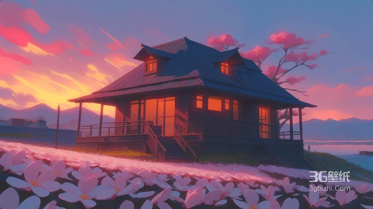 湖畔樱花屋·唯美插画风 黄昏治愈电脑壁纸1