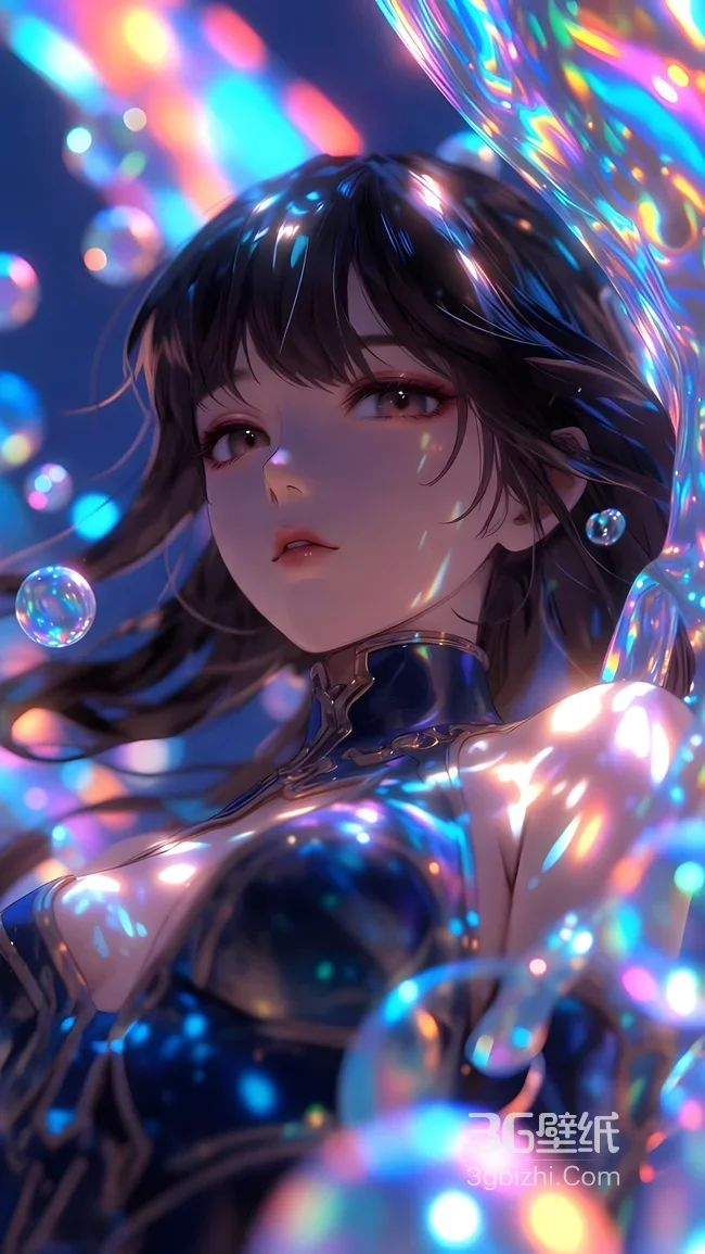 二次元少女·炫彩泡泡流光 唯美梦幻原创插画手机壁纸1