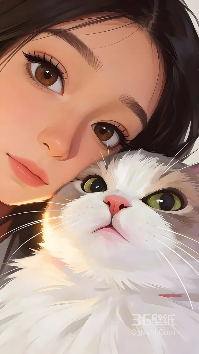 女孩与布偶猫·唯美写实插画风 高清宠物互动手机壁纸1