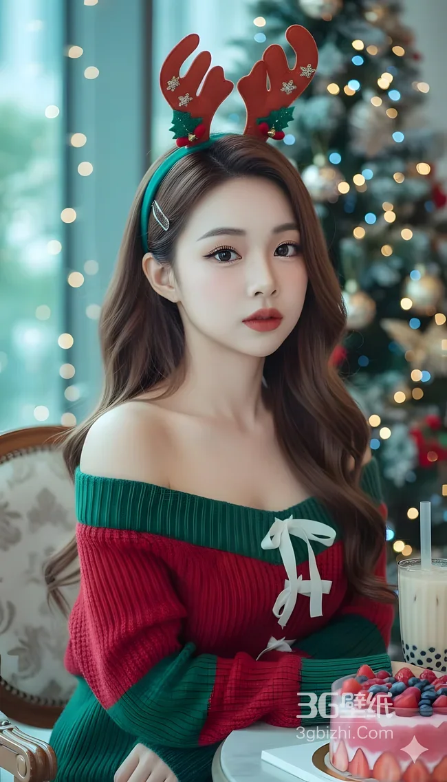 圣诞鹿角发箍女生·唯美写实 圣诞甜品场景手机壁纸1