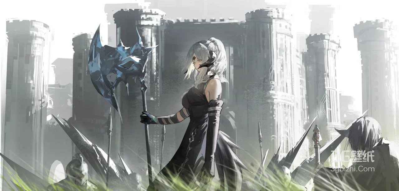 银发女战士持巨斧 暗黑奇幻游戏风废墟城堡电脑壁纸1