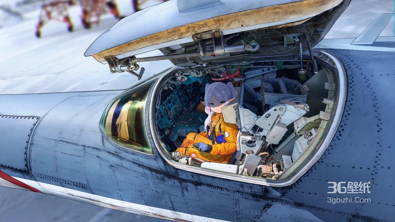 银发精灵耳少女·橙色飞行服 二次元写实战机驾驶舱 宽屏电脑壁纸1