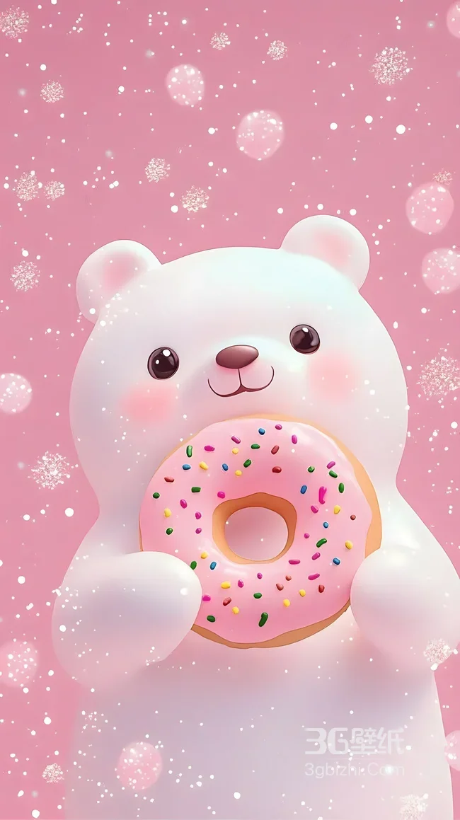 软萌小白熊抱粉色彩糖甜甜圈 治愈风手机壁纸推荐1