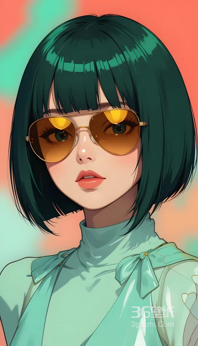 绿发短发墨镜少女 青色高领服饰 潮流壁纸1