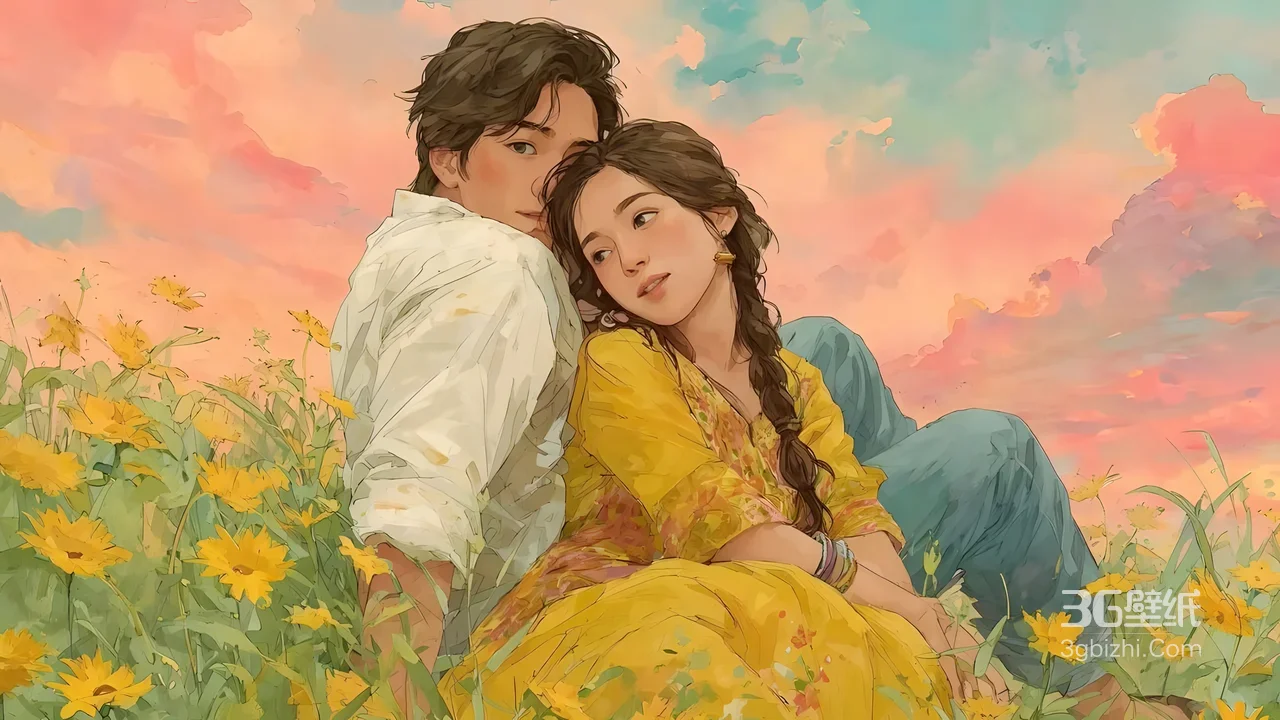 情侣依偎向日葵花田·唯美水彩风电脑壁纸1