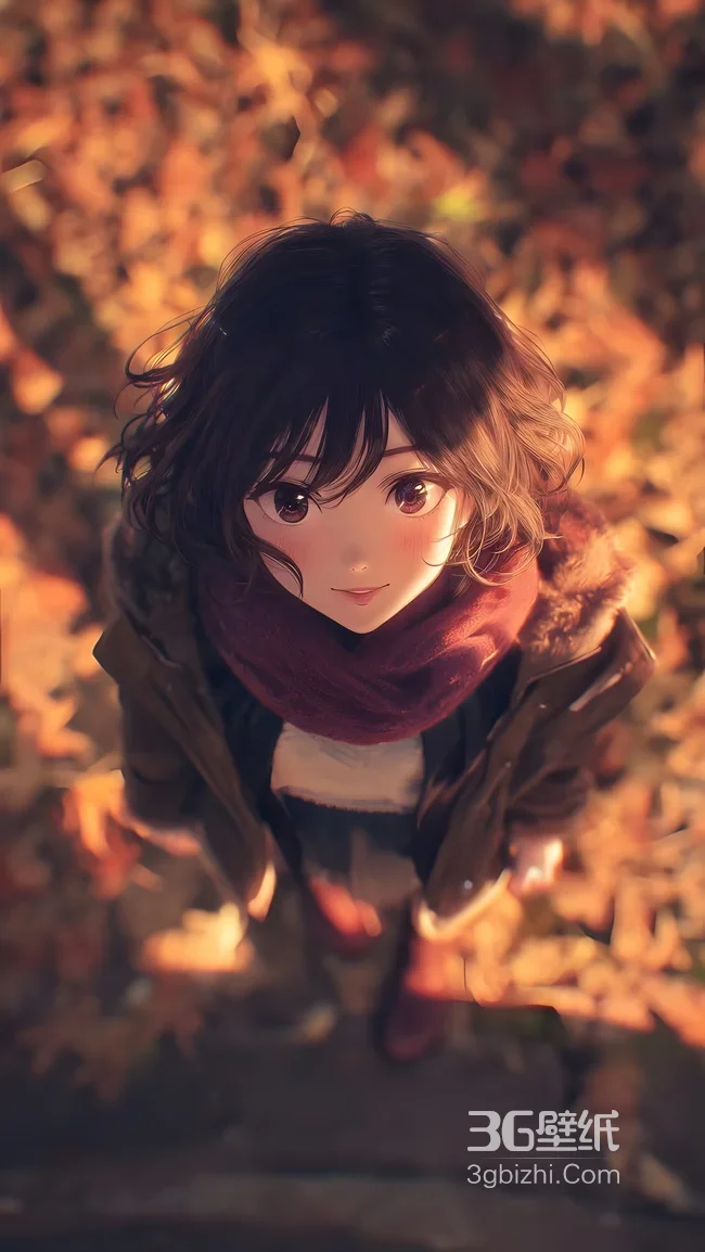 二次元秋日元气女孩·唯美治愈 暖调落叶场景手机壁纸1