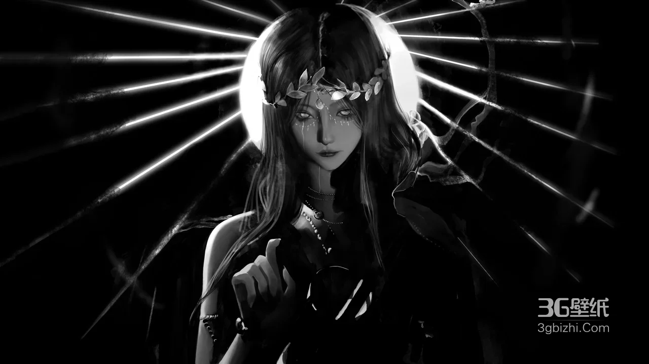 暗黑宗教风月桂冠泪纹少女·黑白宽屏电脑壁纸1