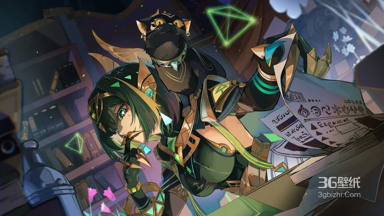 绿发神秘角色·黑猫伴身 二次元游戏风 书房魔法场景1