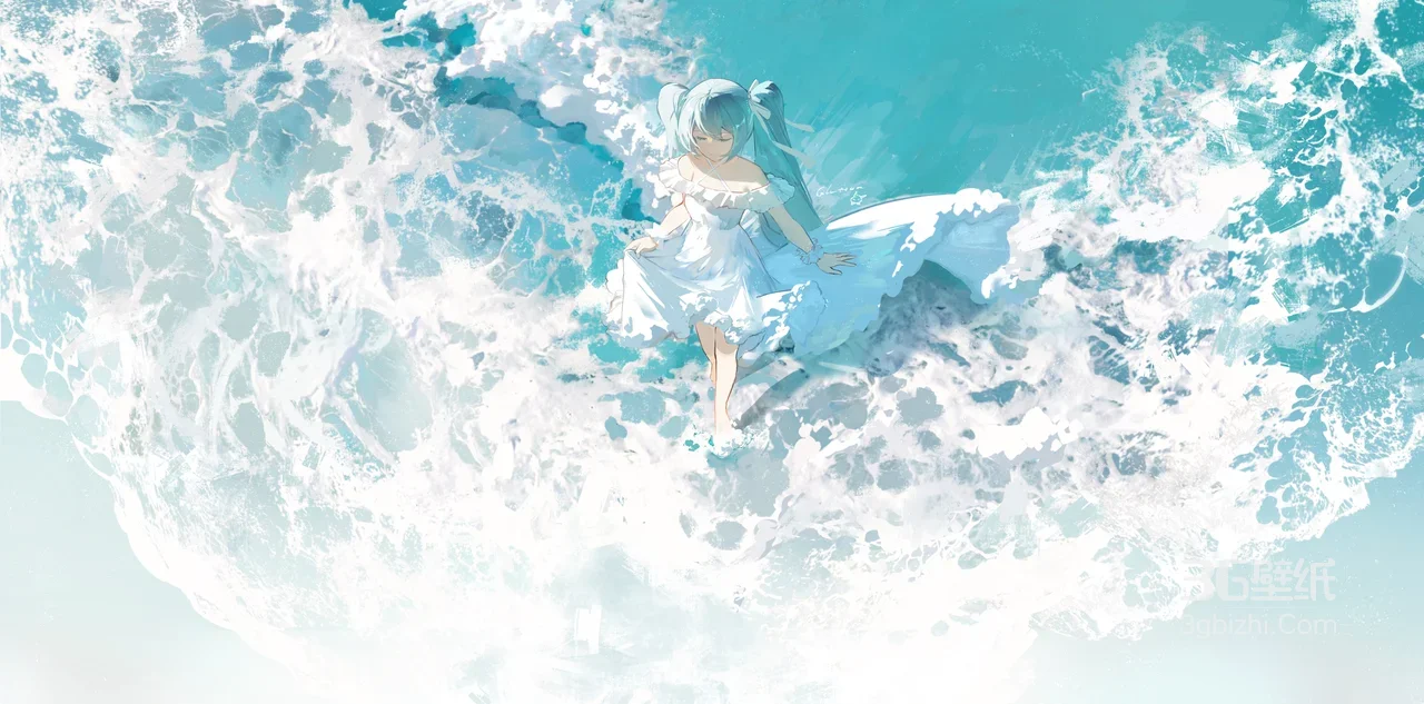 初音未来·海浪轻拥 日系唯美宽屏动漫壁纸1