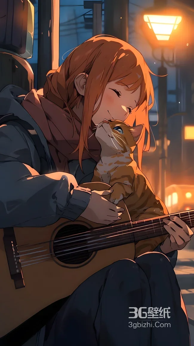 红发少女抱橘猫 二次元治愈风街景 治愈系手机壁纸1