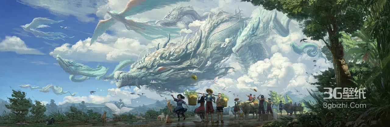 田园劳作·巨龙翱翔 国漫国风奇幻插画 超宽屏仙侠壁纸1