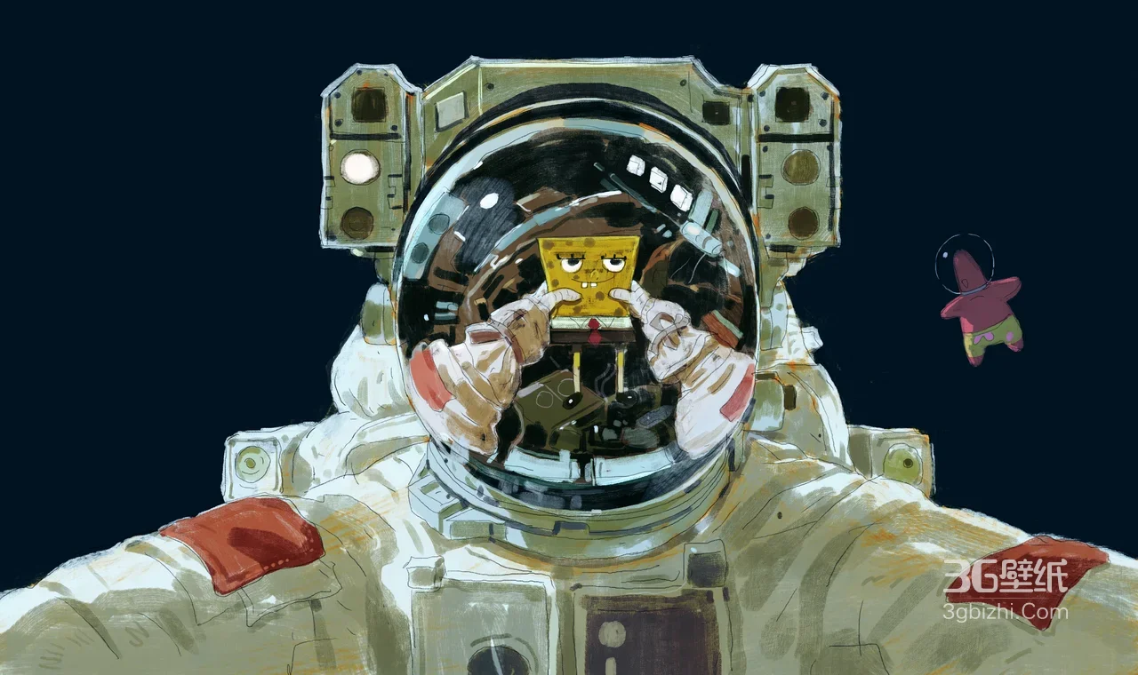 宇航员头盔映海绵宝宝派大星 写实风宽屏电脑壁纸1