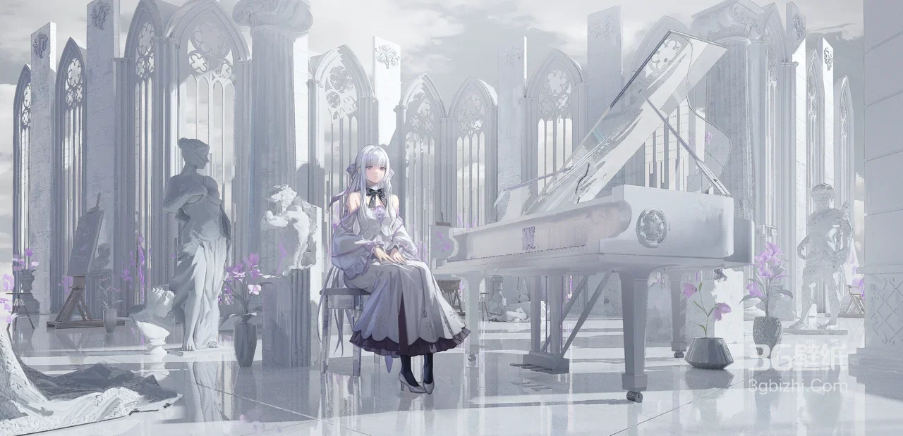 爱蜜莉雅·优雅坐姿 哥特白庭钢琴 二次元唯美宽屏电脑壁纸1