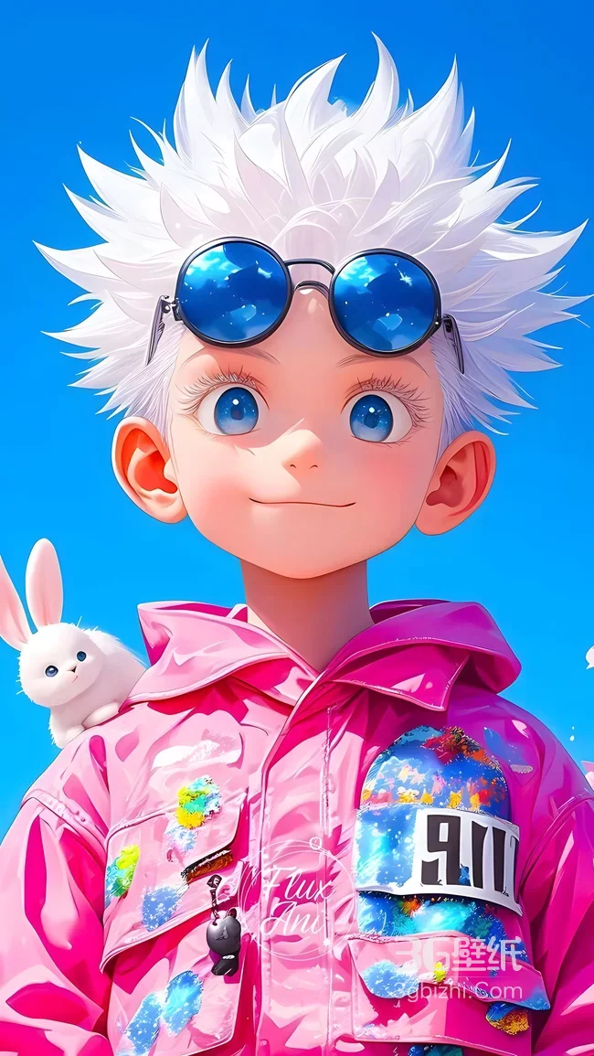 白发萌系少年·粉衣白兔墨镜 二次元清新风手机壁纸1