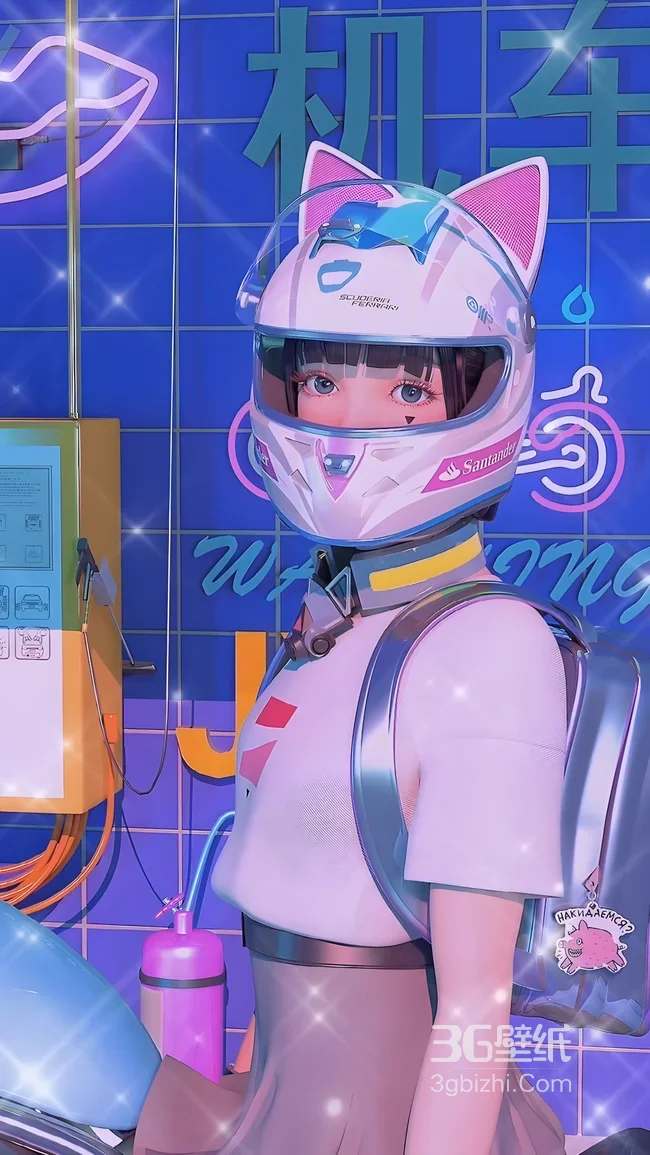 二次元猫耳头盔少女·赛博朋克霓虹风 高人气手机壁纸1