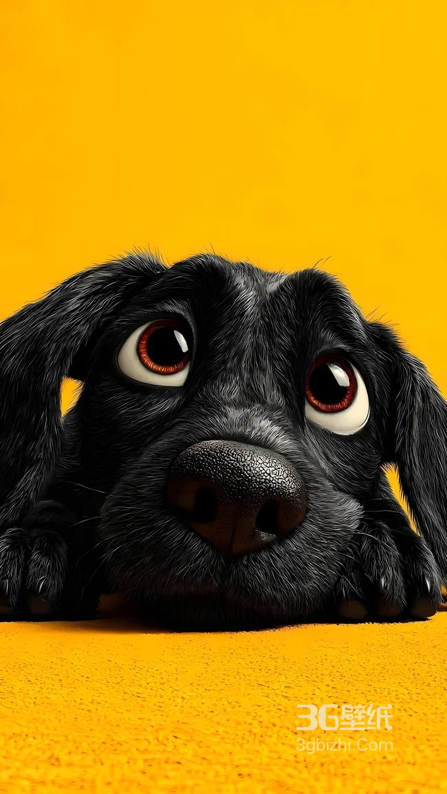 黑色卡通狗狗·无辜大眼 暖黄背景萌系治愈手机壁纸1