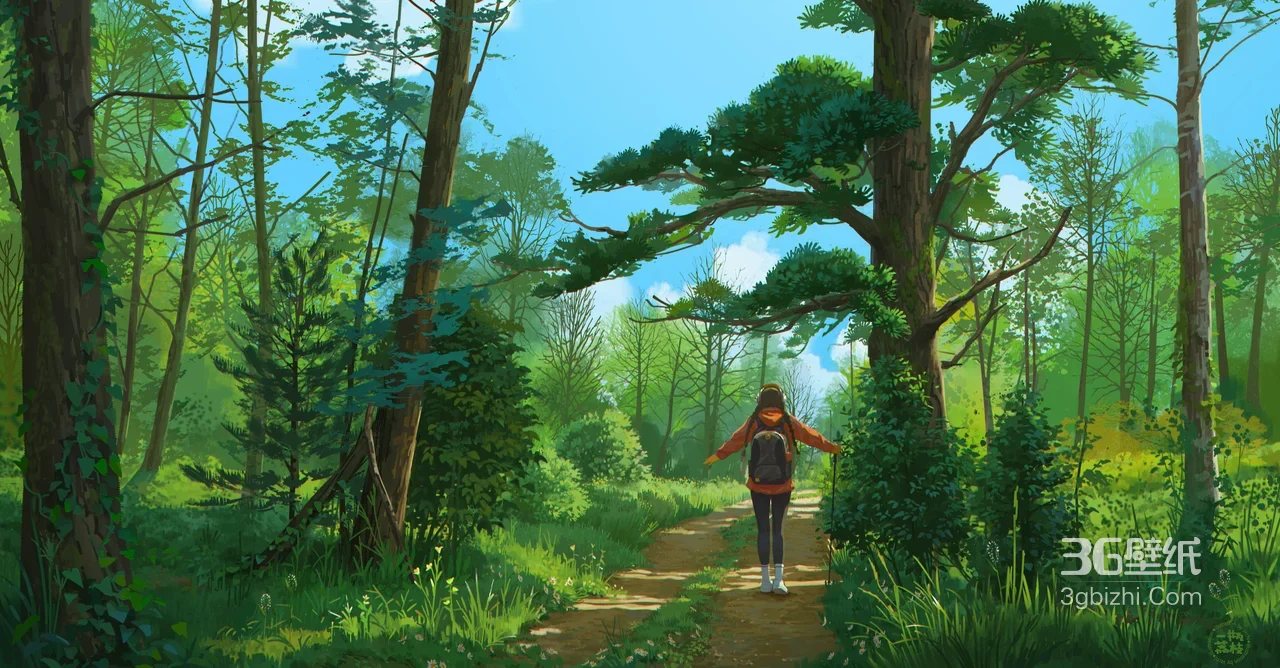 徒步女孩·森林漫步 日系清新风插画 森系治愈宽屏电脑壁纸1
