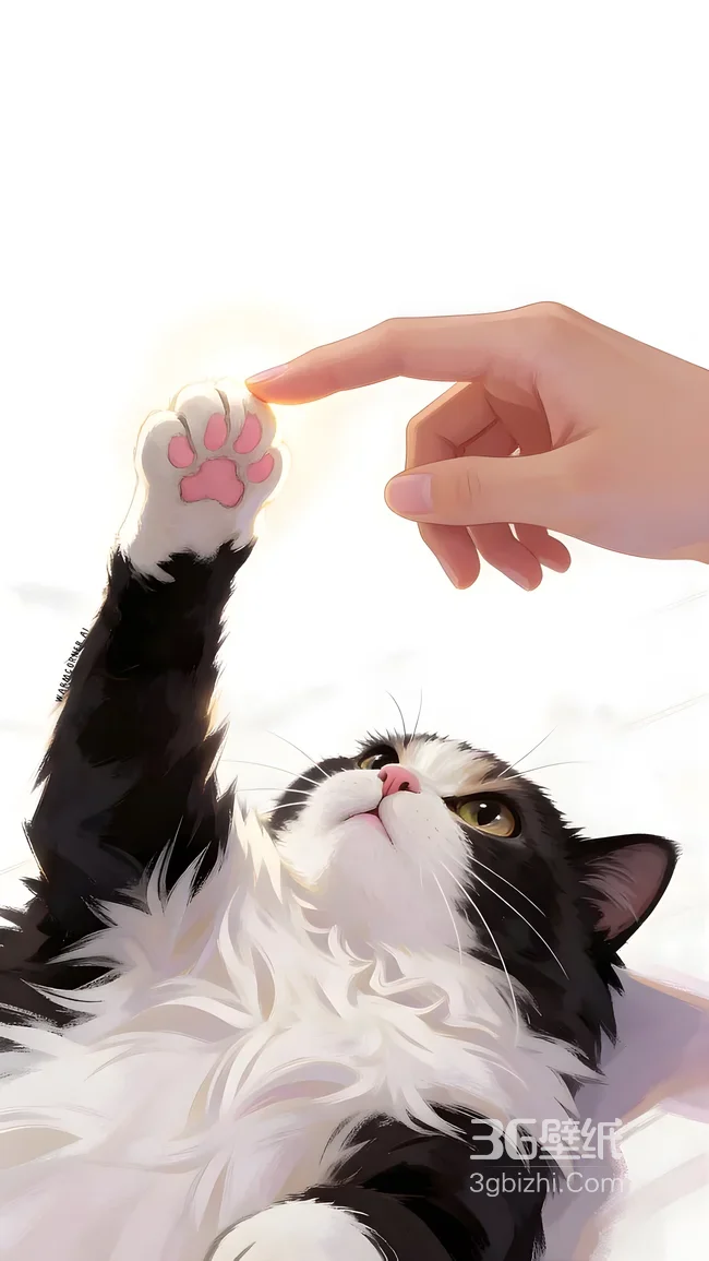 黑白猫咪爪触人手 治愈写实风 温馨宠物互动手机壁纸1