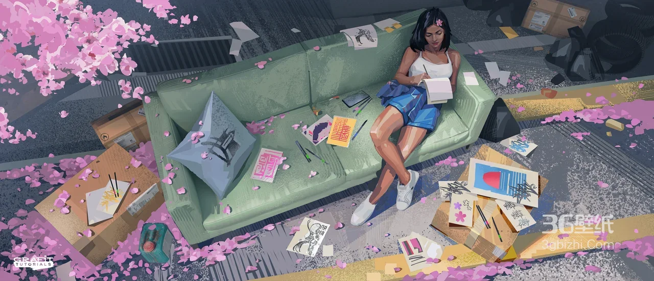 女孩绘画场景·唯美插画风·SBAART TUTORIALS电脑壁纸1