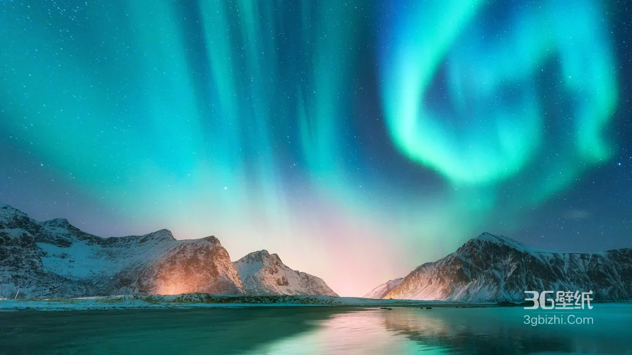 极光雪山湖泊·唯美极地夜景 电脑壁纸1