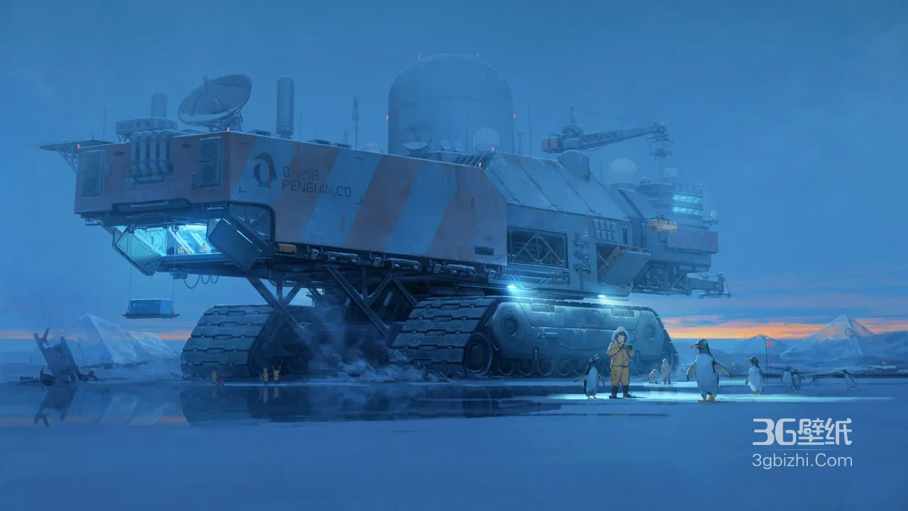 极地履带科研车与企鹅·科幻写实风 冰原探索电脑壁纸1
