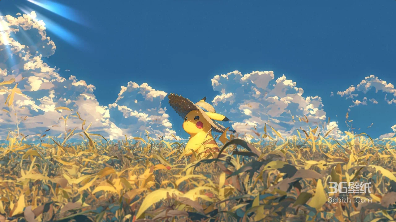 皮卡丘·草帽田野 唯美治愈宝可梦宽屏桌面壁纸1