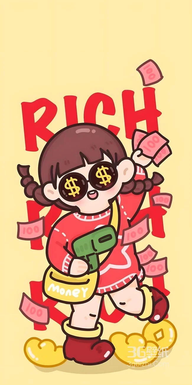 插画女孩·美元墨镜钞票枪·暴富风手机壁纸1