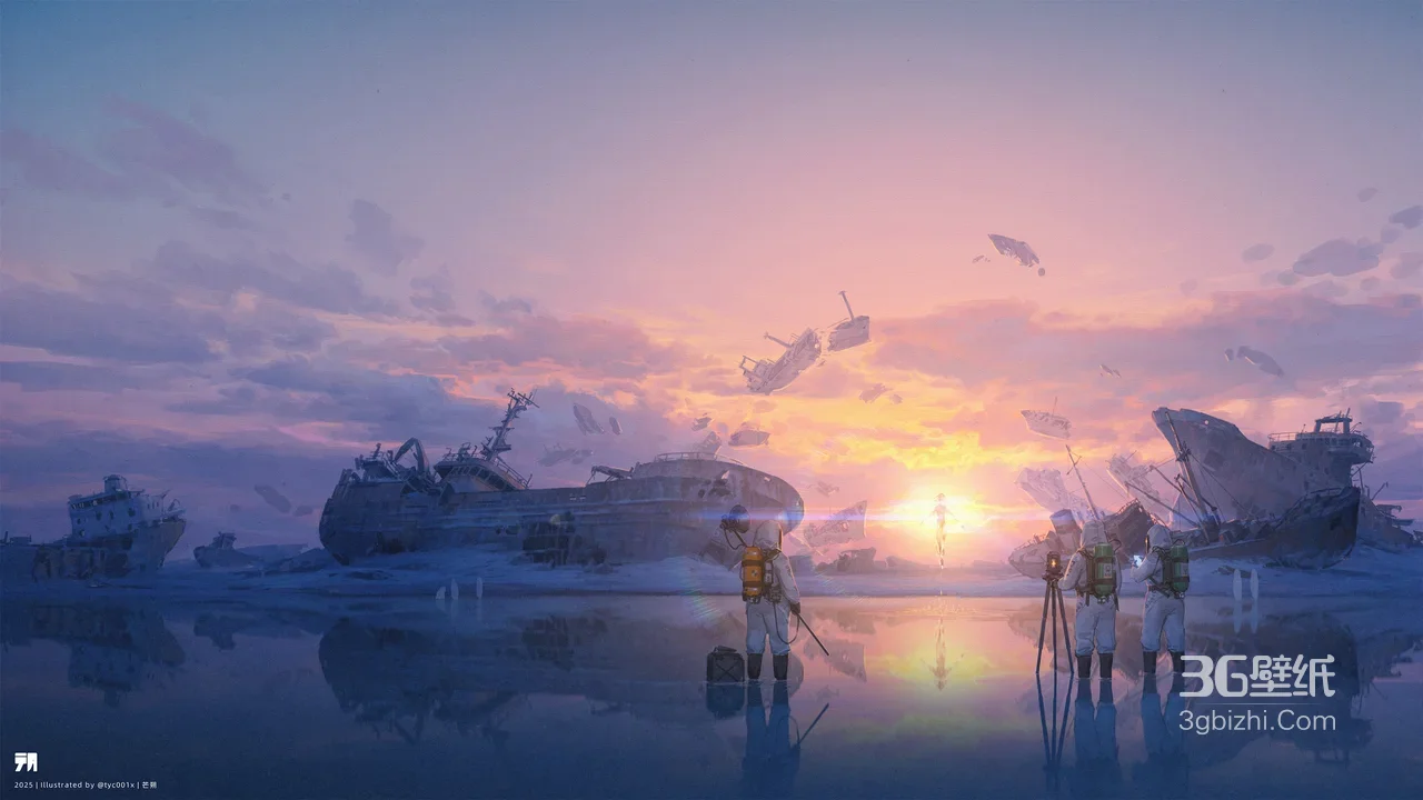 冰封废船科幻勘探·唯美末日插画 赛博日出电脑壁纸1