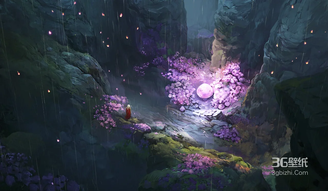 雨夜山谷·发光紫晶球与红衣人 唯美奇幻游戏场景电脑壁纸1