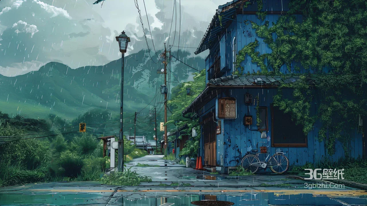 雨中日式乡村街道·唯美风 静谧治愈电脑壁纸1