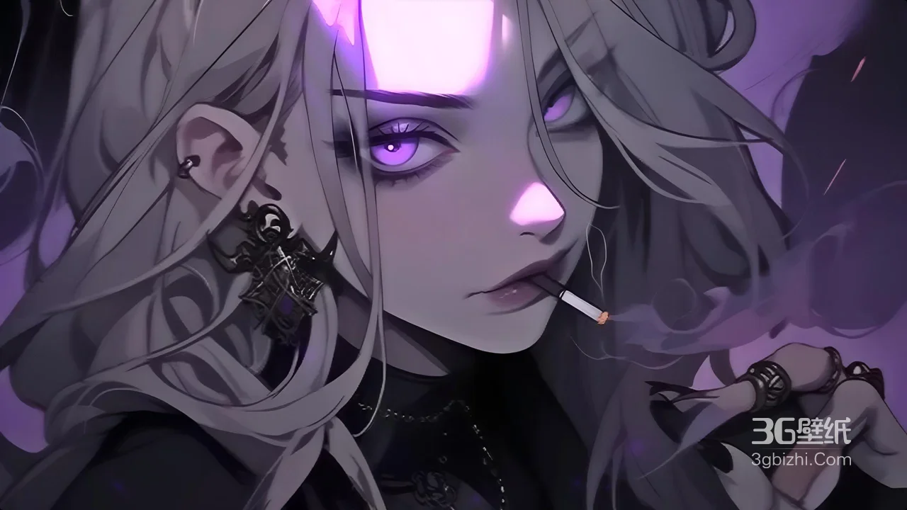 暗黑哥特风二次元少女·紫瞳银发抽烟 电脑壁纸1