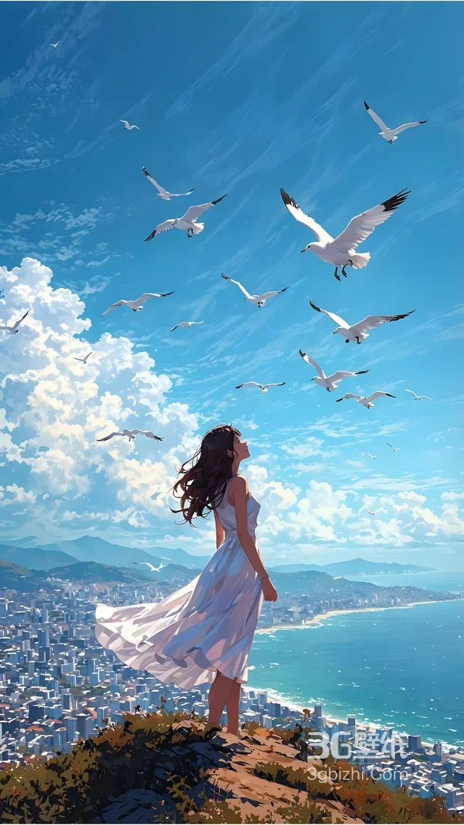 白裙少女·海鸥翱翔 唯美二次元插画 治愈系手机壁纸1