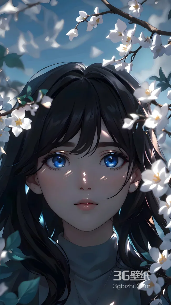 唯美动漫风黑发蓝眼少女·春日花景 高适配手机壁纸1