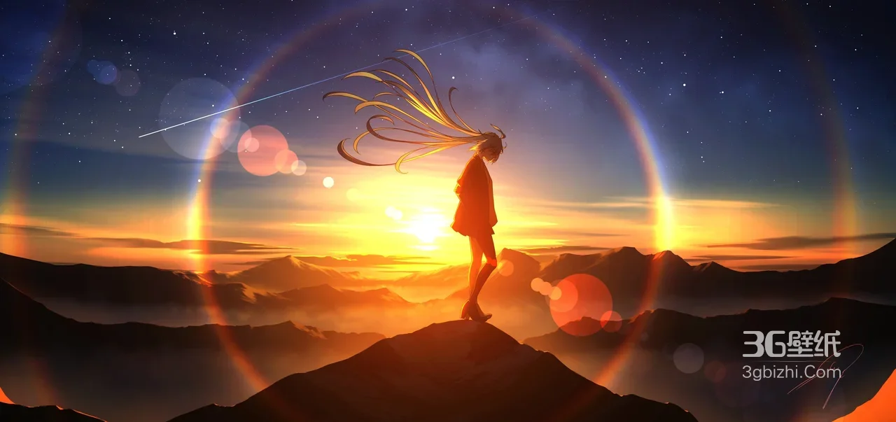 二次元飘发少女·山顶日晕星空 唯美宽屏车机壁纸1