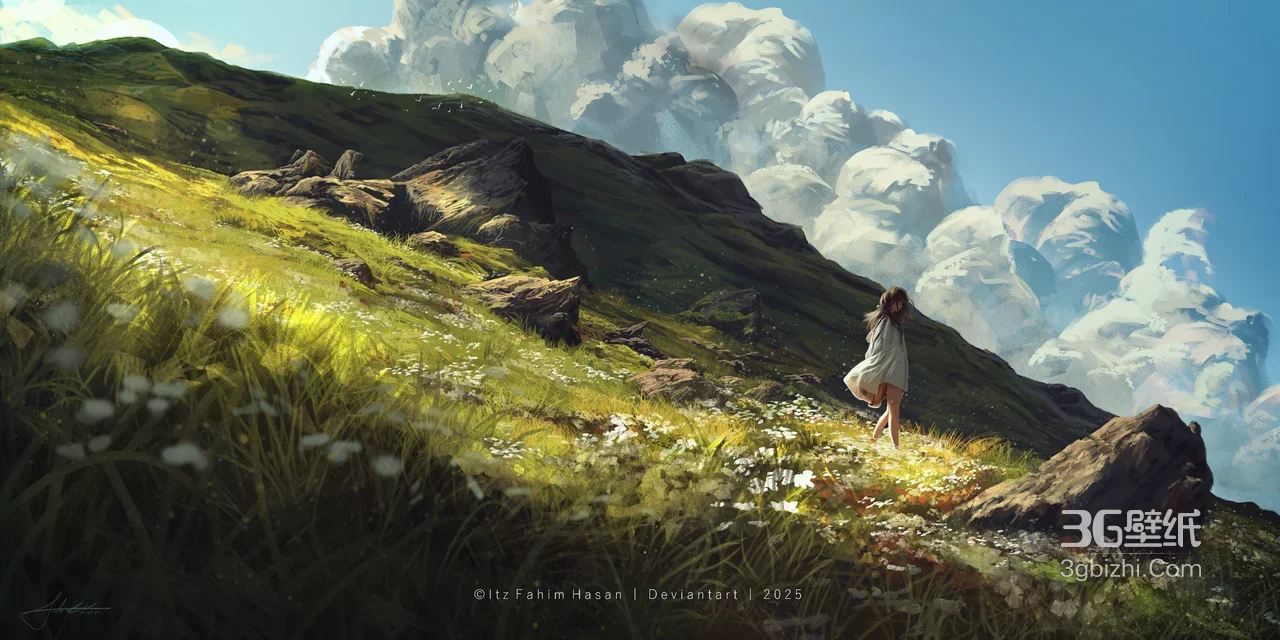 山间白衣少女奔跑 唯美写实风2025插画 宽屏电脑壁纸1