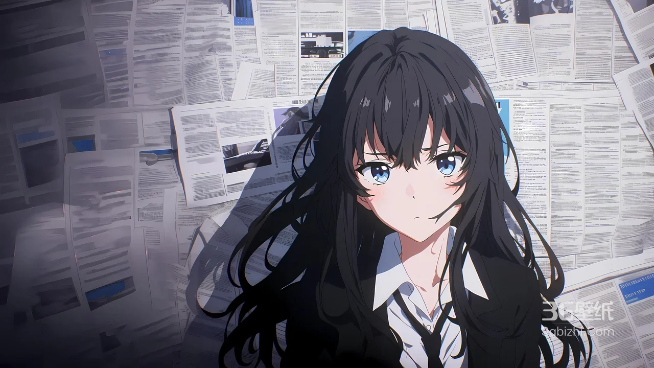 黑长直蓝眼少女·报纸背景 二次元桌面背景1