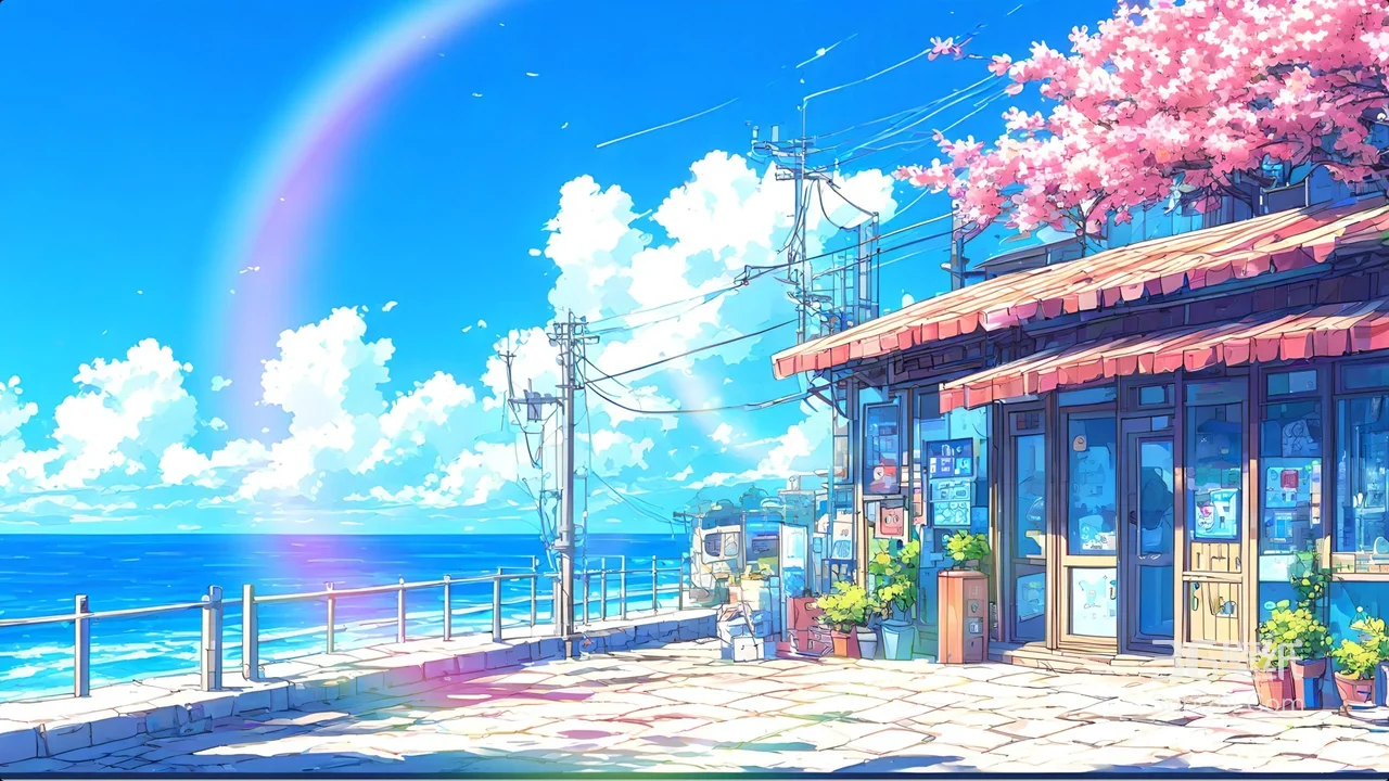海边小店樱花彩虹·日系动漫风 治愈宽屏电脑壁纸1