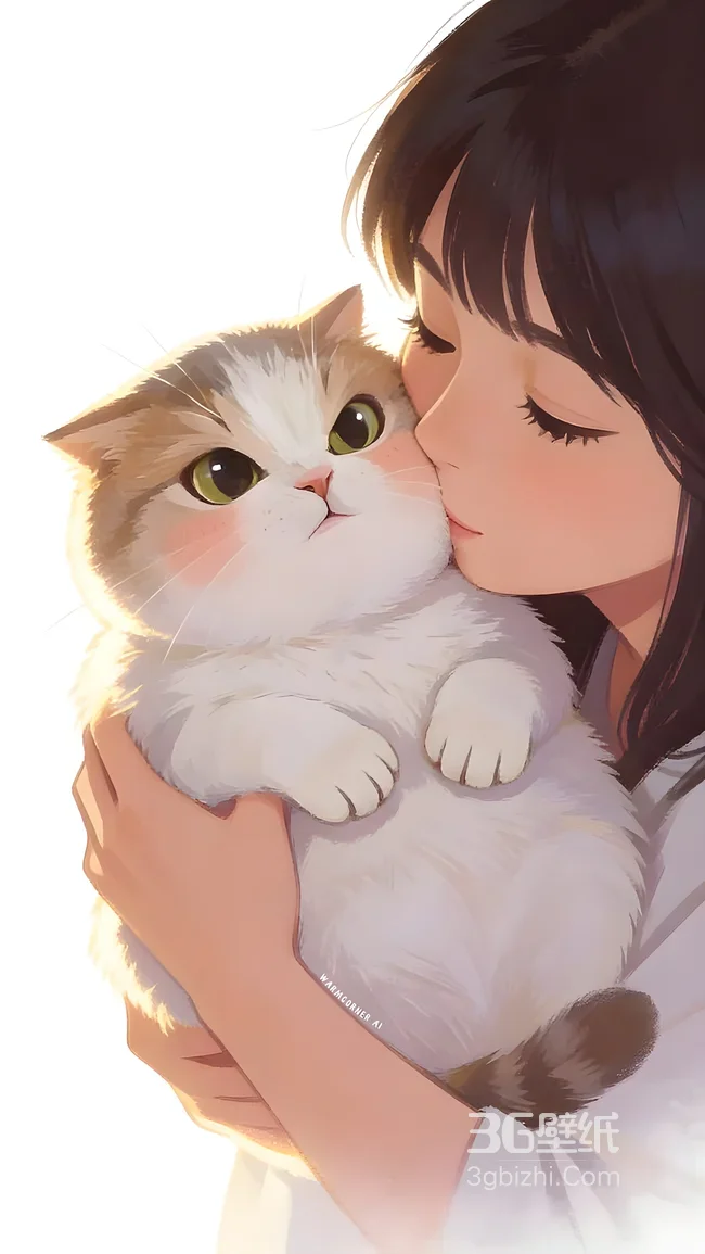 女孩轻吻圆胖猫咪·唯美治愈风·Wamacornies AI绘制 手机壁纸1