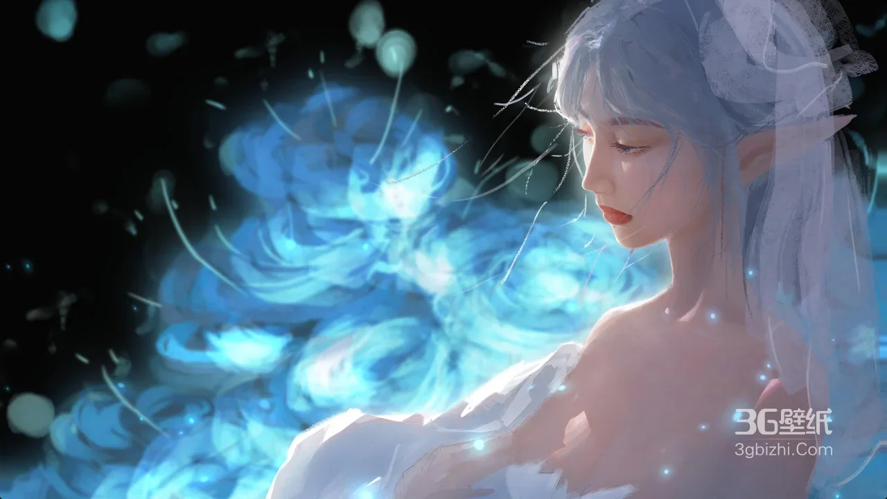 白发精灵少女·唯美梦幻插画 蓝焰花簇电脑壁纸优选1