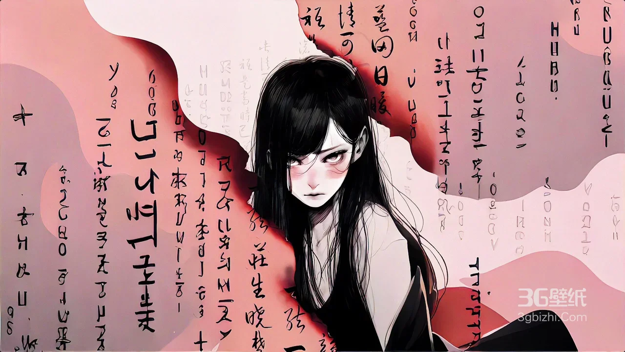 暗黑二次元黑发少女·国风文字插画 热门电脑桌面背景1