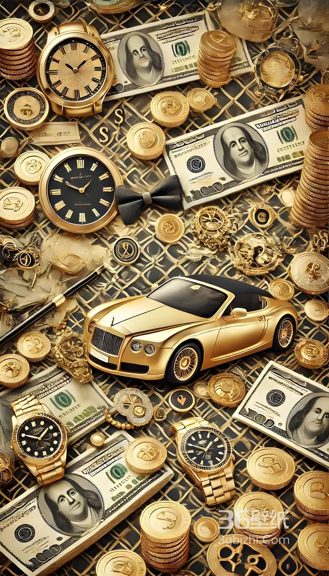 金色宾利跑车与金饰美元·奢华财富风手机壁纸1