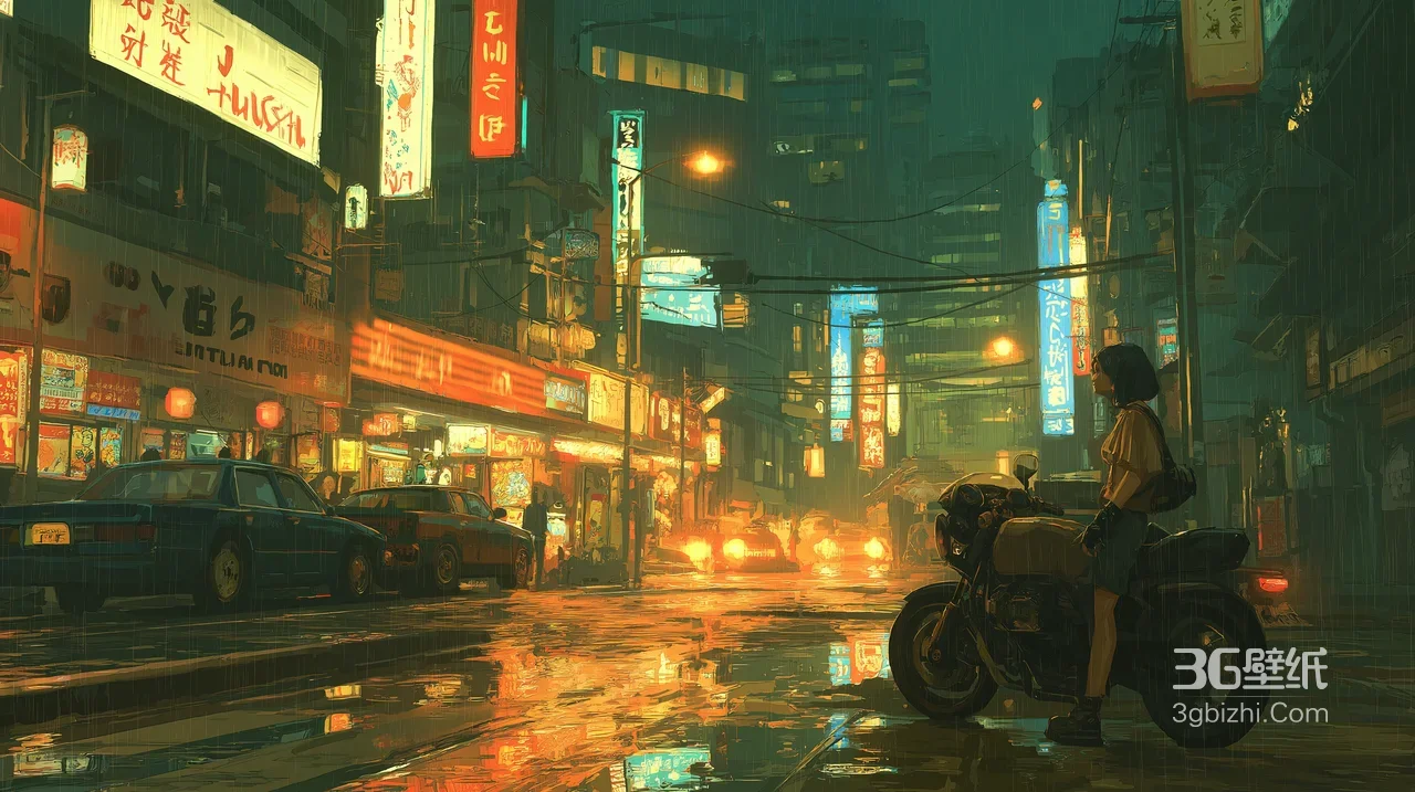 赛博朋克雨夜都市·摩托少女 插画电脑壁纸精选1