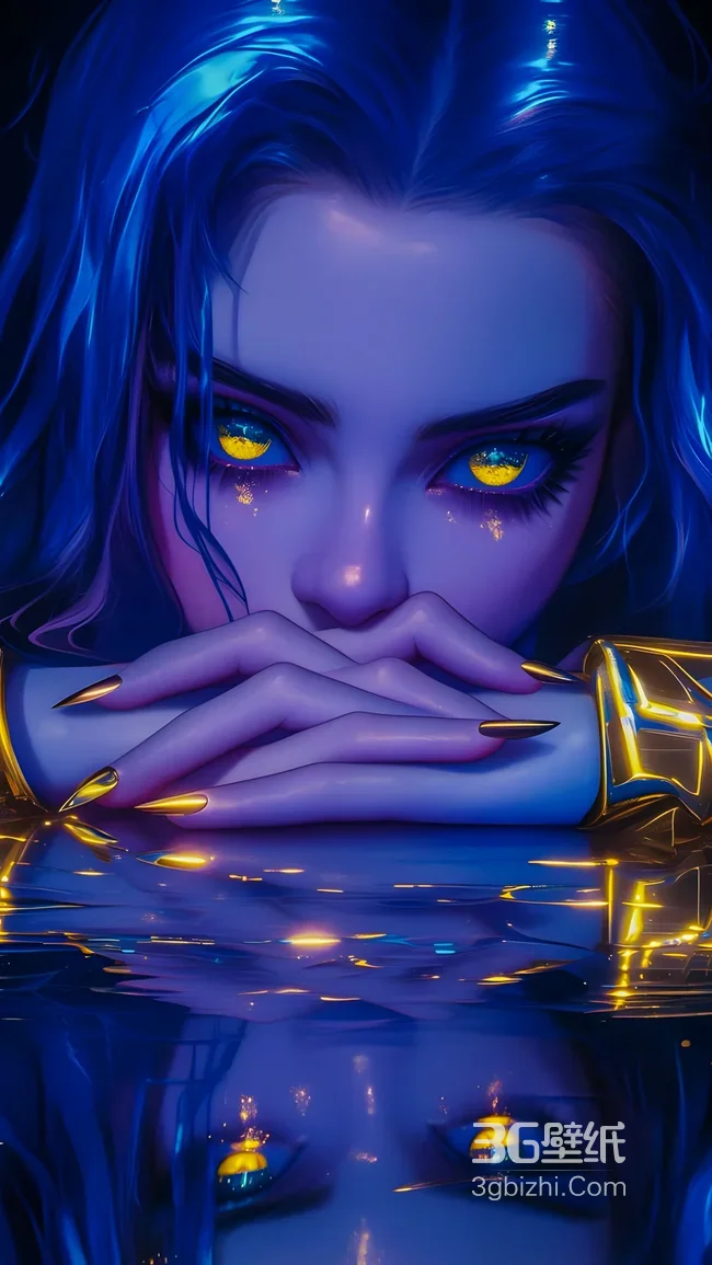 神秘蓝发女·黄瞳鎏金美甲 赛博奇幻手机壁纸1