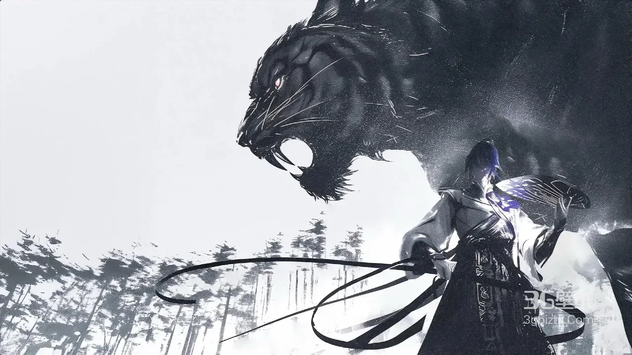 国风暗黑水墨·古风侠者携黑虎 游戏电脑壁纸1