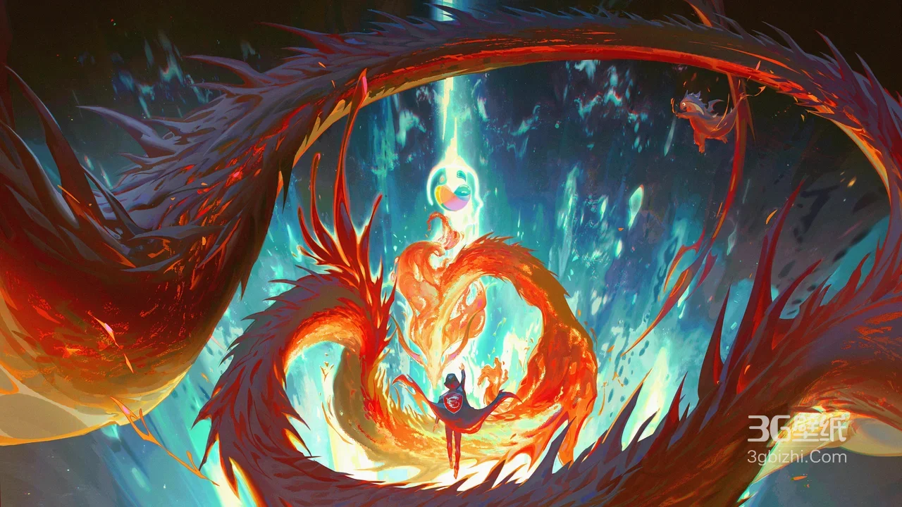 神秘驭龙者·火焰龙环绕 国风奇幻魔法光球超燃电脑壁纸1