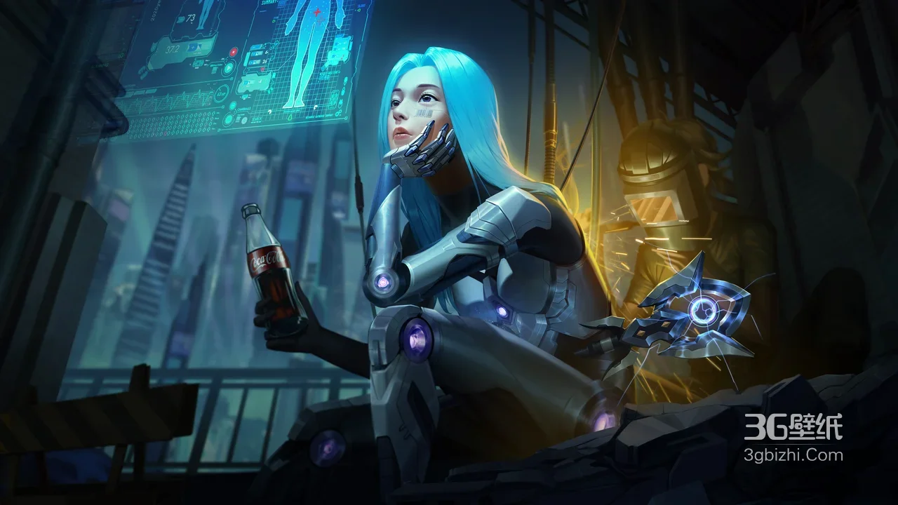 蓝发机械义体少女·赛博朋克风 未来都市游戏宽屏电脑壁纸1