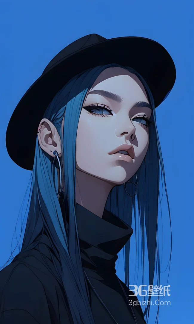 蓝发酷感少女·暗黑风插画 高人气潮酷手机壁纸1