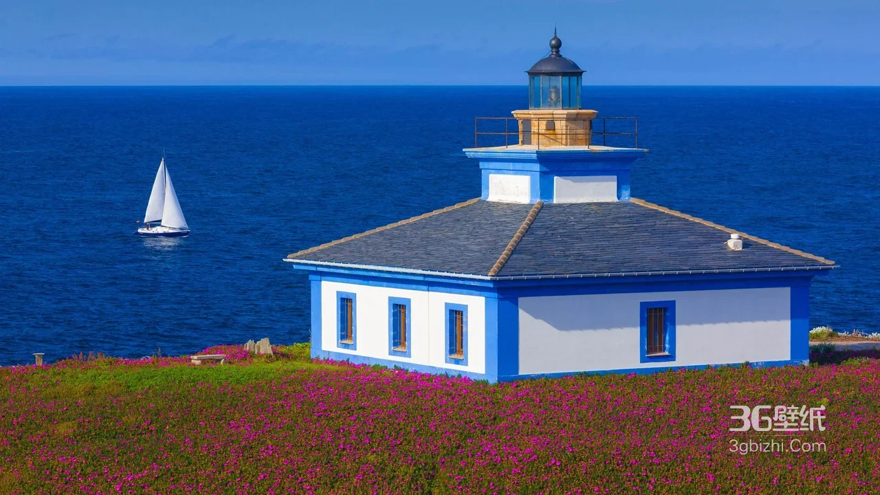 蓝白灯塔·粉色花海帆船·唯美海景电脑壁纸1